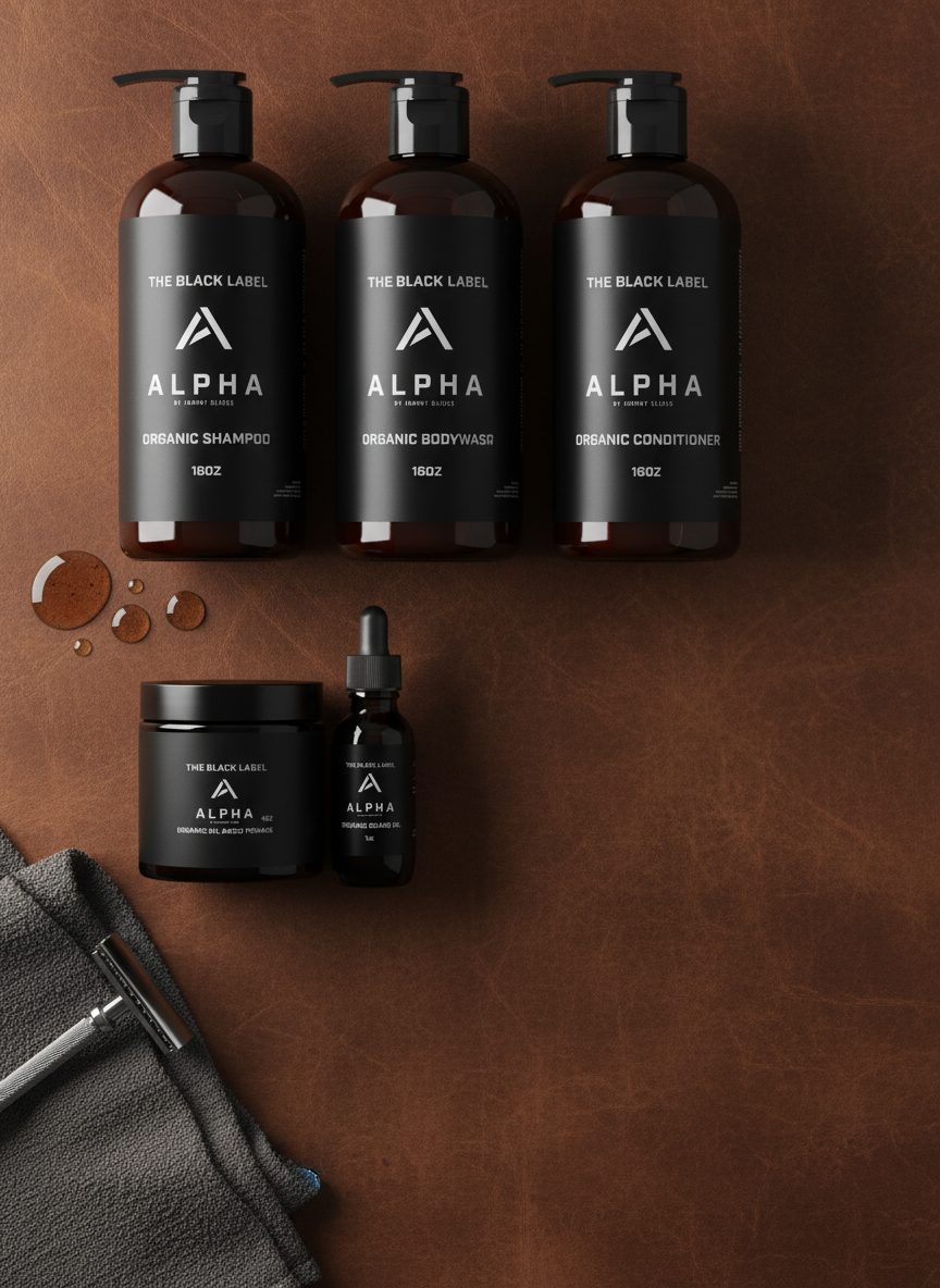 Flat-lay of "The Executive Alpha Set" grooming products, including Alpha Shampoo, on a warm, textured surface with soft light
